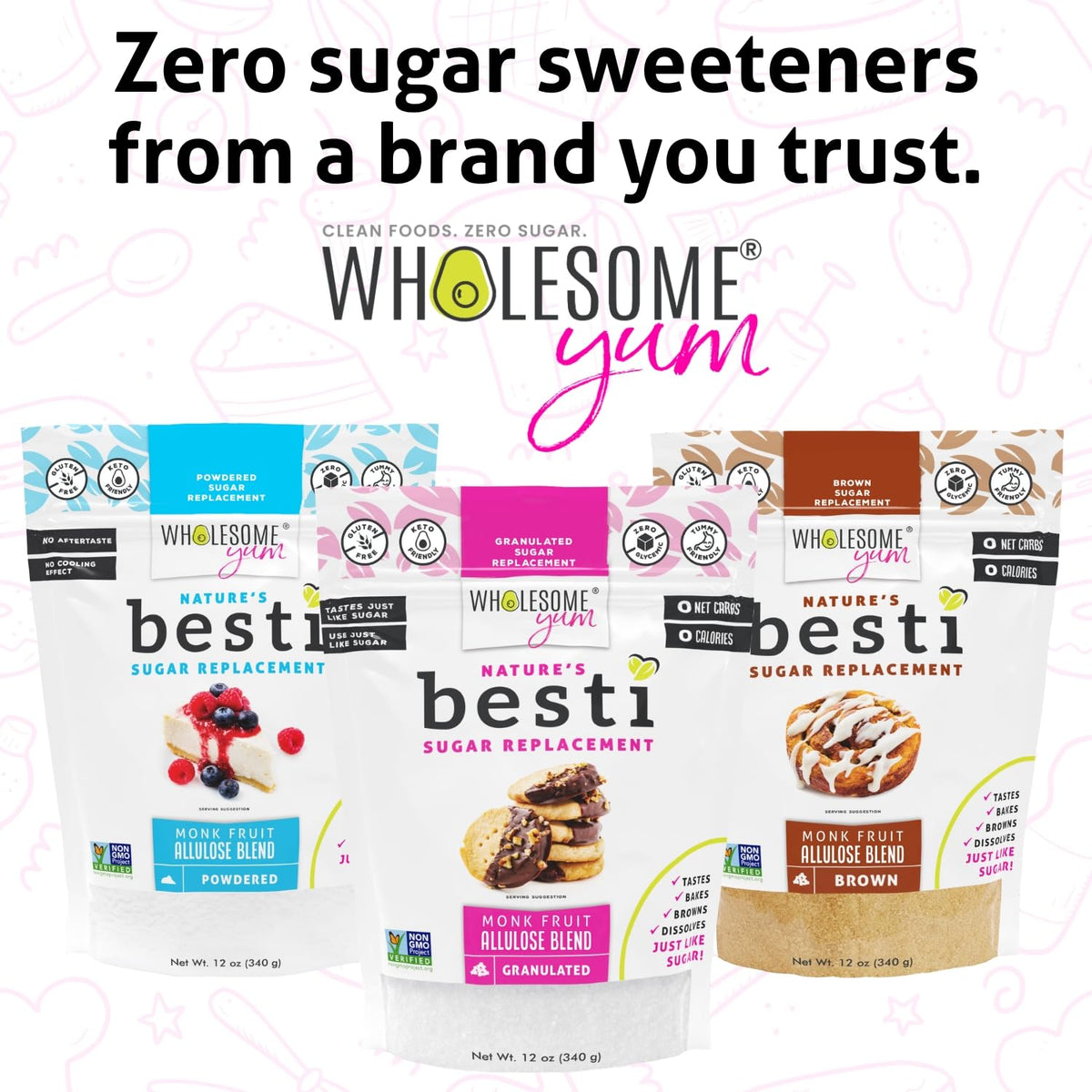 Wholesome Yum Besti Powdered Sugar Substitute – Keto Monk Fruit + Allulose (No Erythritol) 12 oz 2-Pack