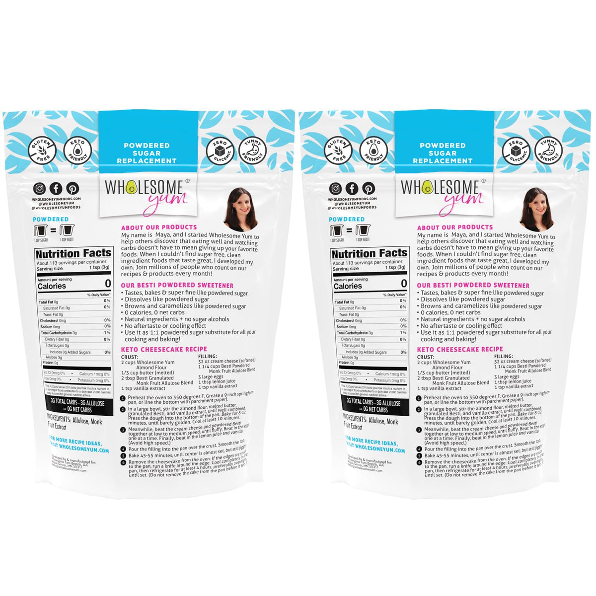 Wholesome Yum Besti Powdered Sugar Substitute – Keto Monk Fruit + Allulose (No Erythritol) 12 oz 2-Pack