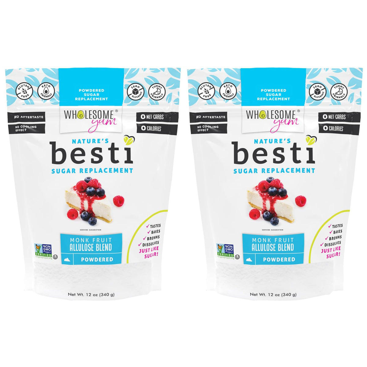 Wholesome Yum Besti Powdered Sugar Substitute – Keto Monk Fruit + Allulose (No Erythritol) 12 oz 2-Pack