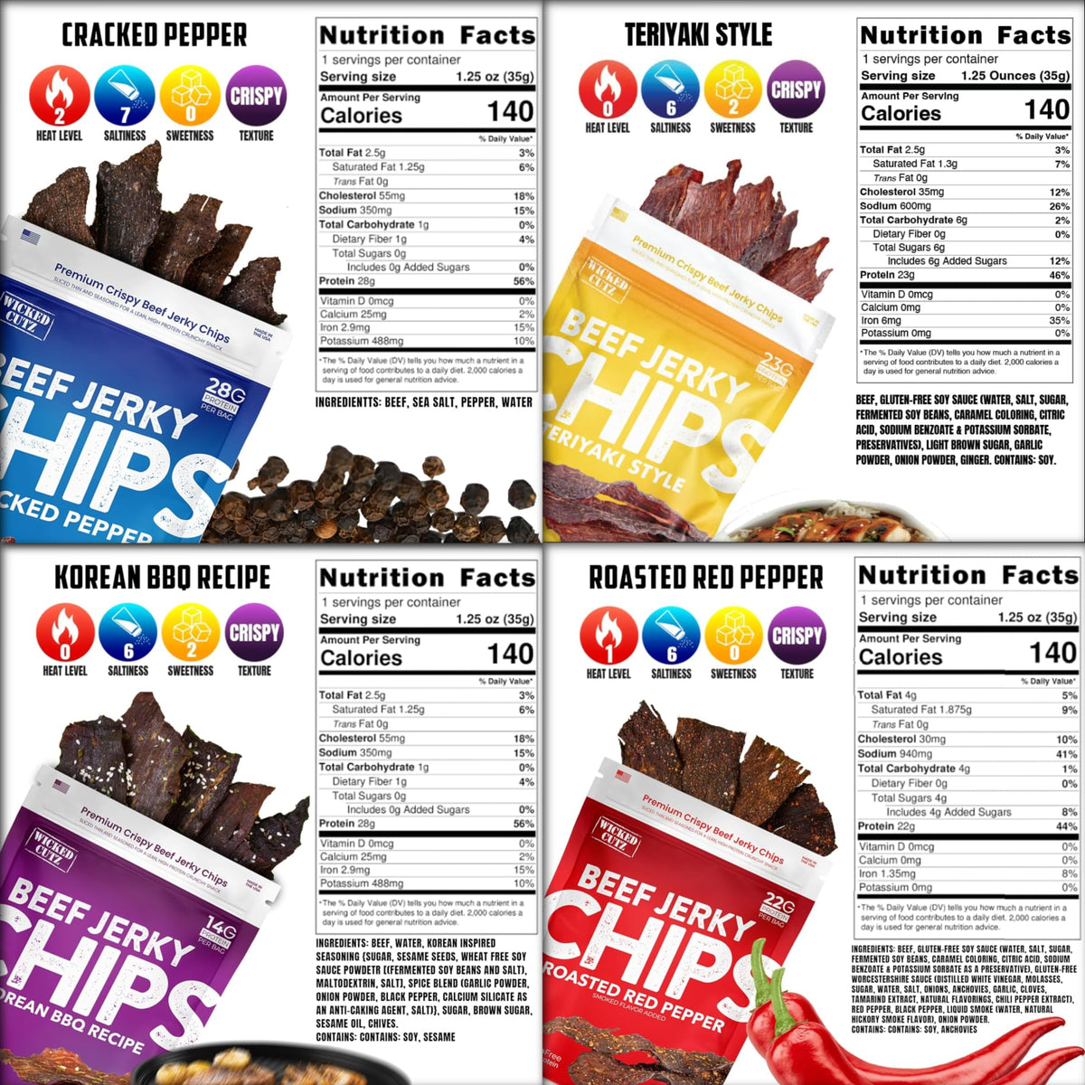 Wicked Cutz Beef Jerky Chips Variety Pack (4-Pack) — Cracked Pepper, Teriyaki, Roasted Red Pepper & Korean BBQ | High-Protein Snack