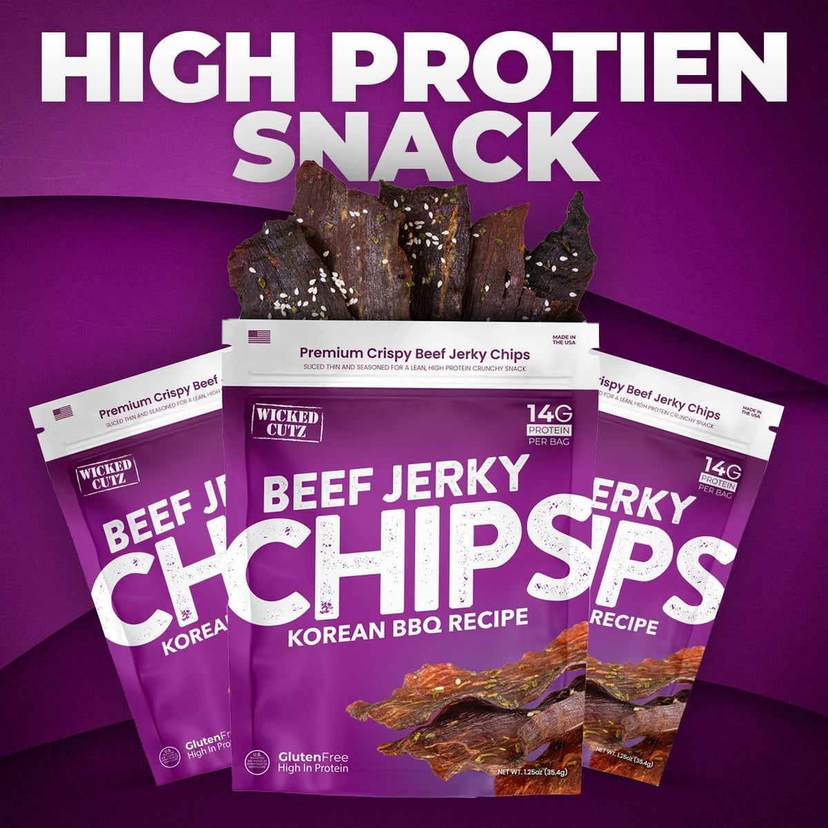 Wicked Cutz Beef Jerky Chips Variety Pack (4-Pack) — Cracked Pepper, Teriyaki, Roasted Red Pepper & Korean BBQ | High-Protein Snack