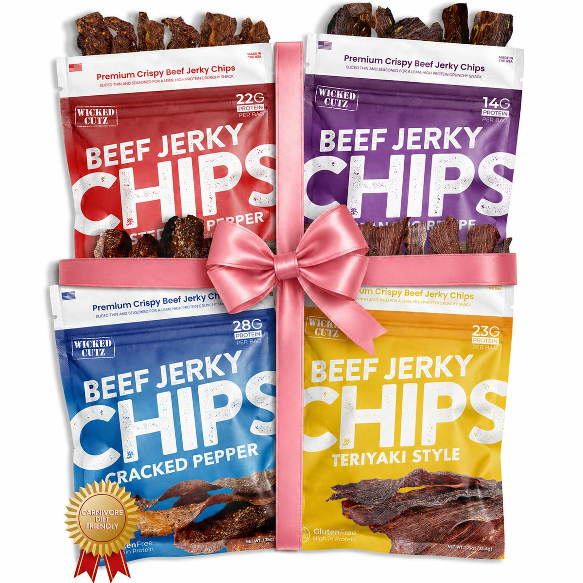 Wicked Cutz Beef Jerky Chips Variety Pack (4-Pack) — Cracked Pepper, Teriyaki, Roasted Red Pepper & Korean BBQ | High-Protein Snack