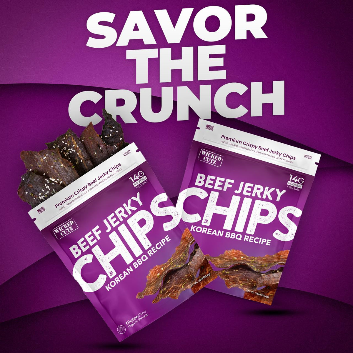 Wicked Cutz Korean BBQ Beef Jerky Chips — 14g Protein, Crispy Low-Carb Snack, USA Made