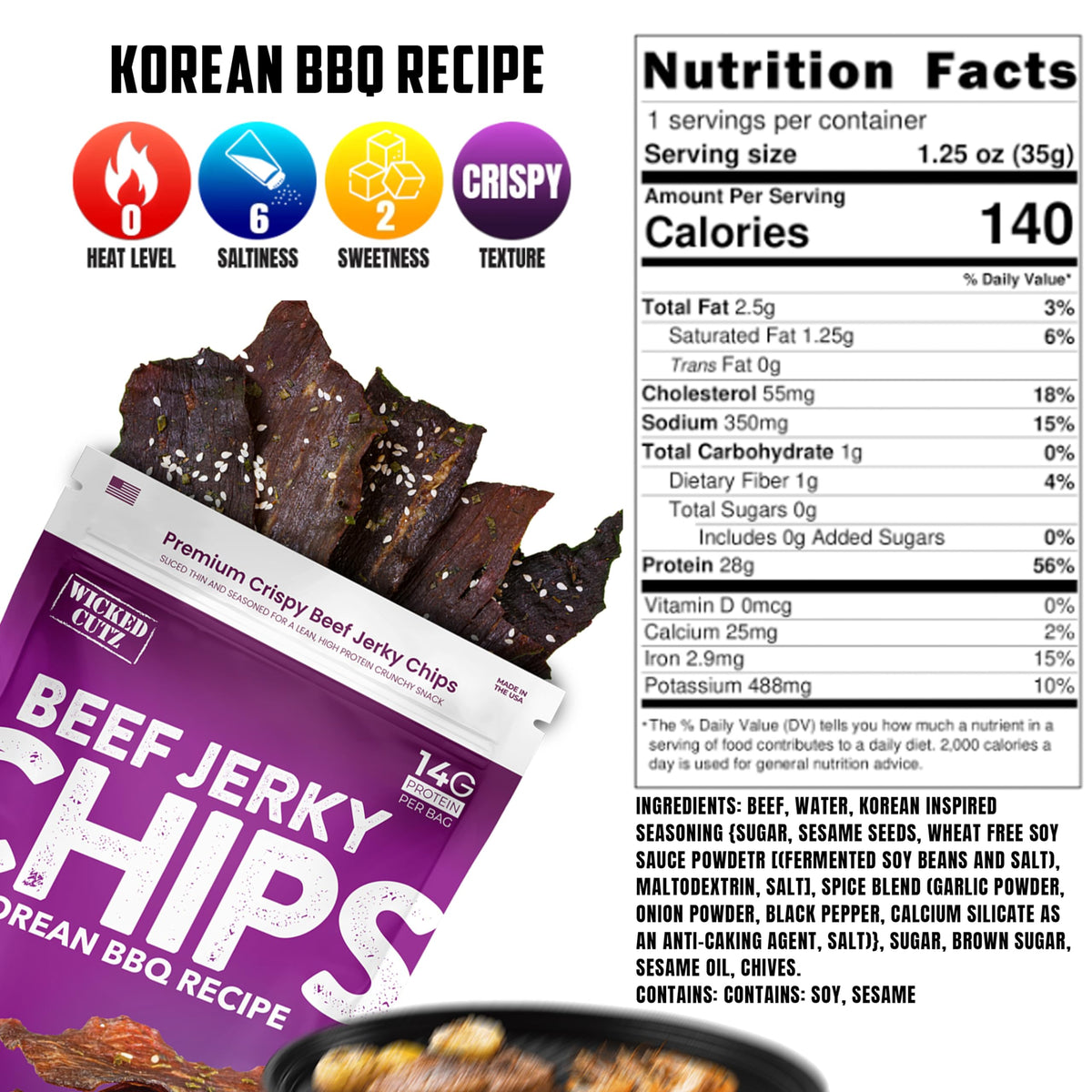 Wicked Cutz Korean BBQ Beef Jerky Chips — 14g Protein, Crispy Low-Carb Snack, USA Made