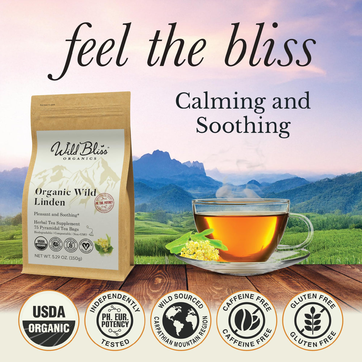 Wild Bliss Organic Linden Flower Tea - Caffeine Free Calming Herbal Tea, 75 Plant Based Tea Bags
