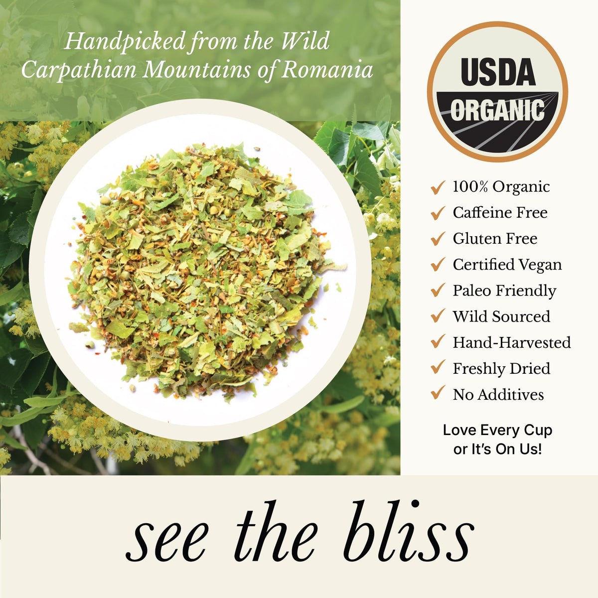 Wild Bliss Organic Linden Flower Tea - Caffeine Free Calming Herbal Tea, 75 Plant Based Tea Bags