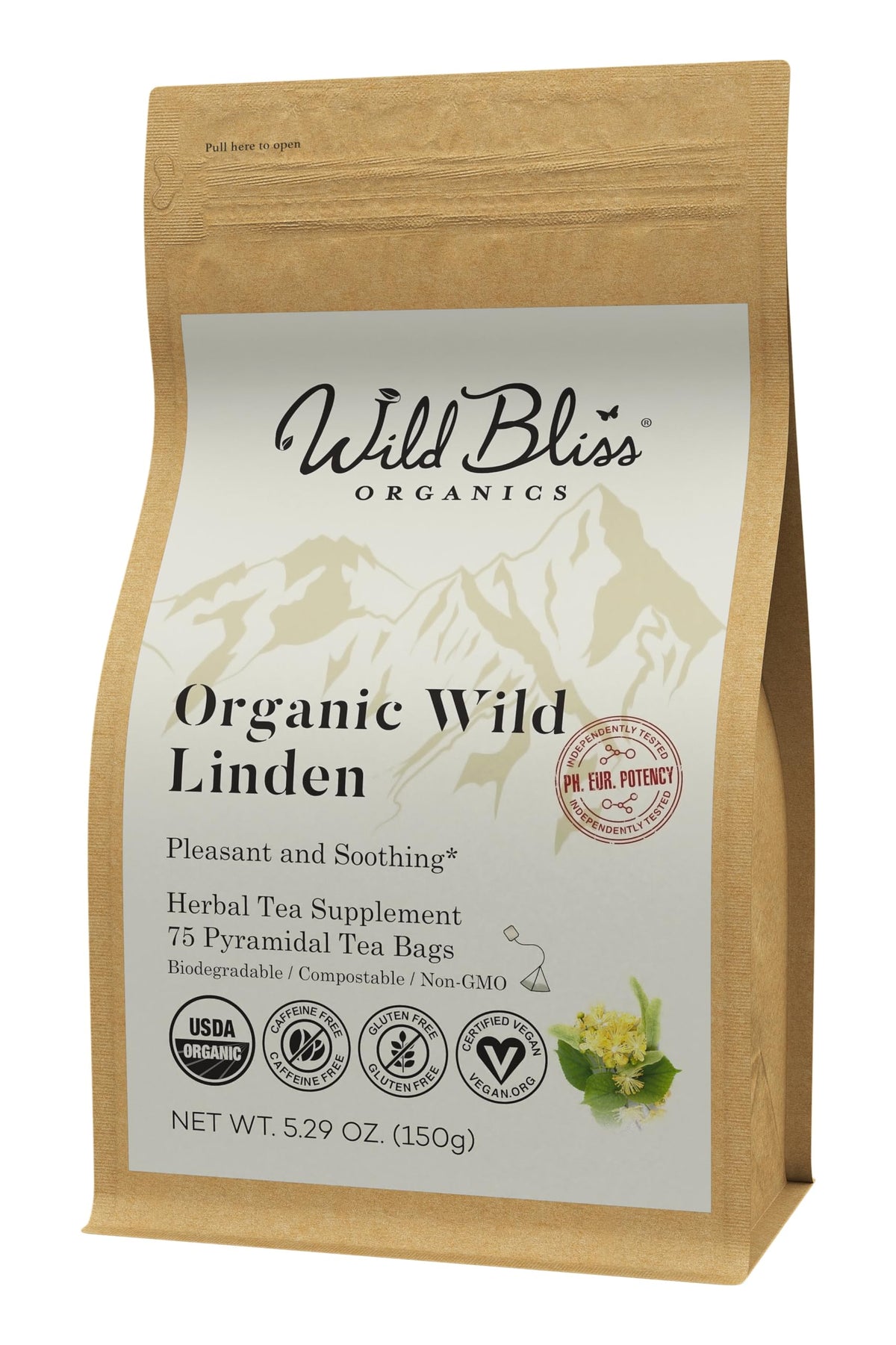 Wild Bliss Organic Linden Flower Tea - Caffeine Free Calming Herbal Tea, 75 Plant Based Tea Bags