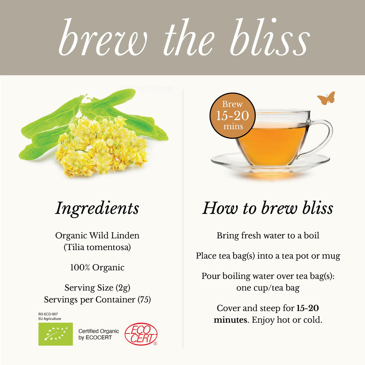 Wild Bliss Organic Linden Flower Tea - Caffeine Free Calming Herbal Tea, 75 Plant Based Tea Bags