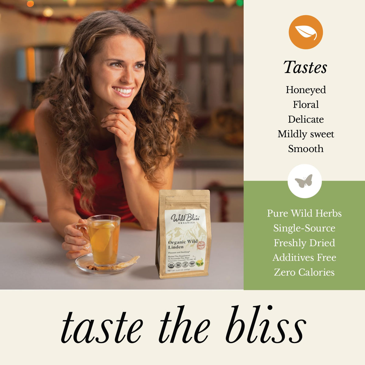 Wild Bliss Organic Linden Flower Tea - Caffeine Free Calming Herbal Tea, 75 Plant Based Tea Bags