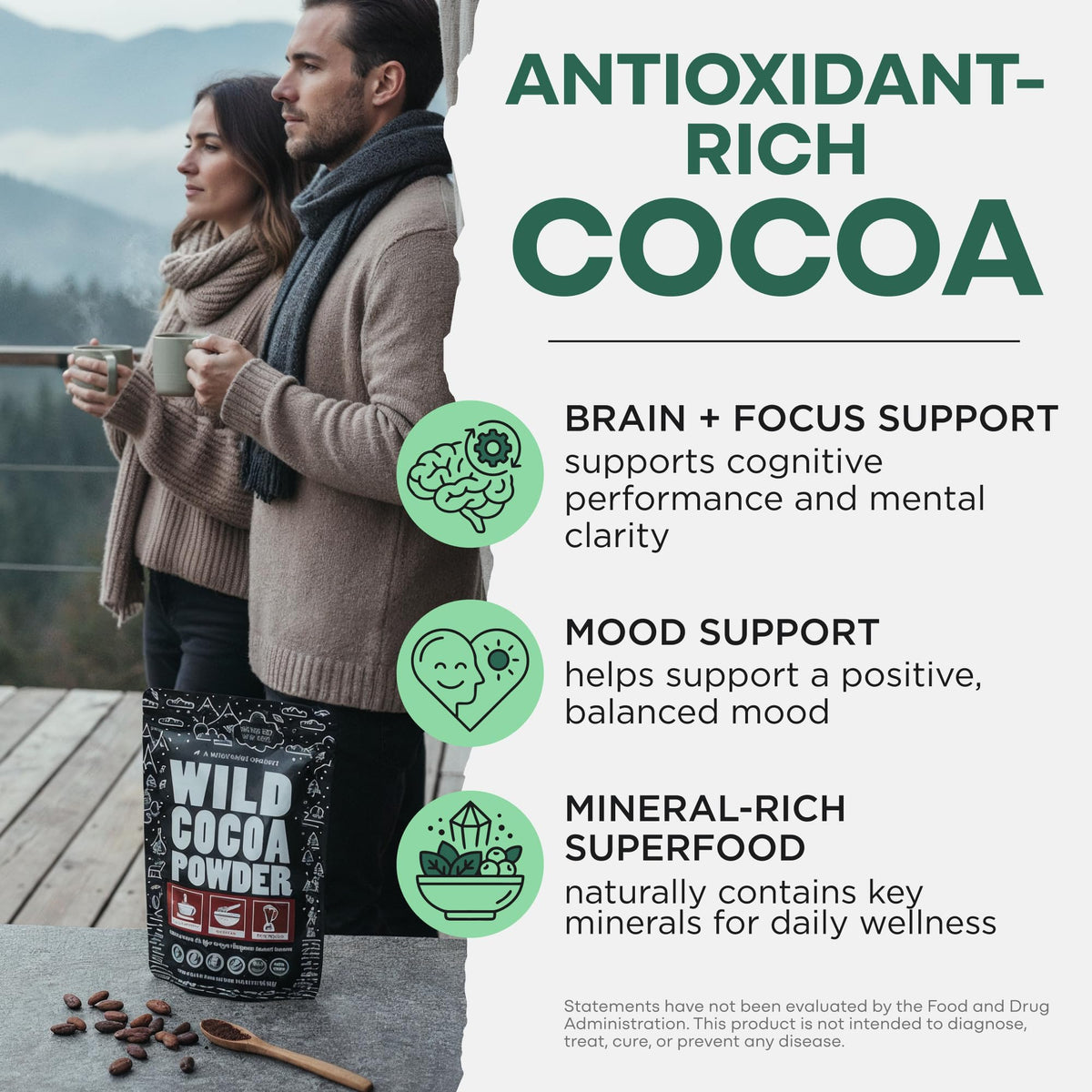 Wild Foods Raw Organic Cacao Powder — Handcrafted, Single-Origin Peru, Fair Trade, Non-Alkalized (24 oz)