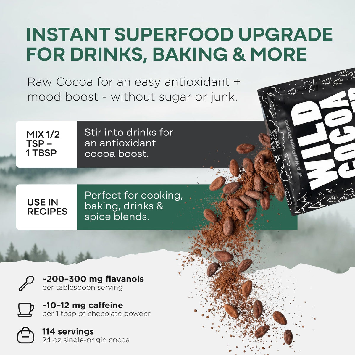 Wild Foods Raw Organic Cacao Powder — Handcrafted, Single-Origin Peru, Fair Trade, Non-Alkalized (24 oz)