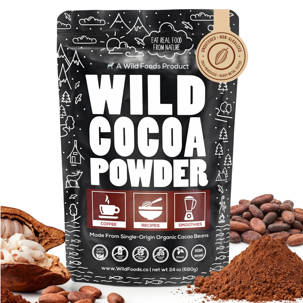 Wild Foods Raw Organic Cacao Powder — Handcrafted, Single-Origin Peru, Fair Trade, Non-Alkalized (24 oz)