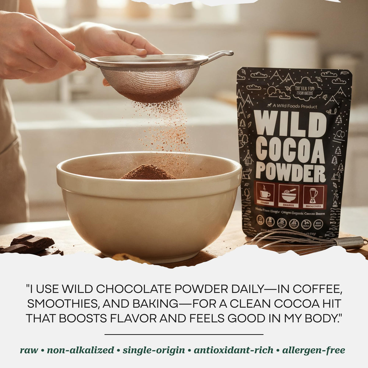 Wild Foods Raw Organic Cacao Powder — Handcrafted, Single-Origin Peru, Fair Trade, Non-Alkalized (24 oz)