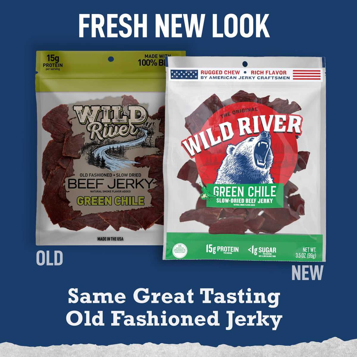 Wild River Green Chile Beef Jerky – Old Fashioned, 15g Protein, Gluten Free (4-Pack)