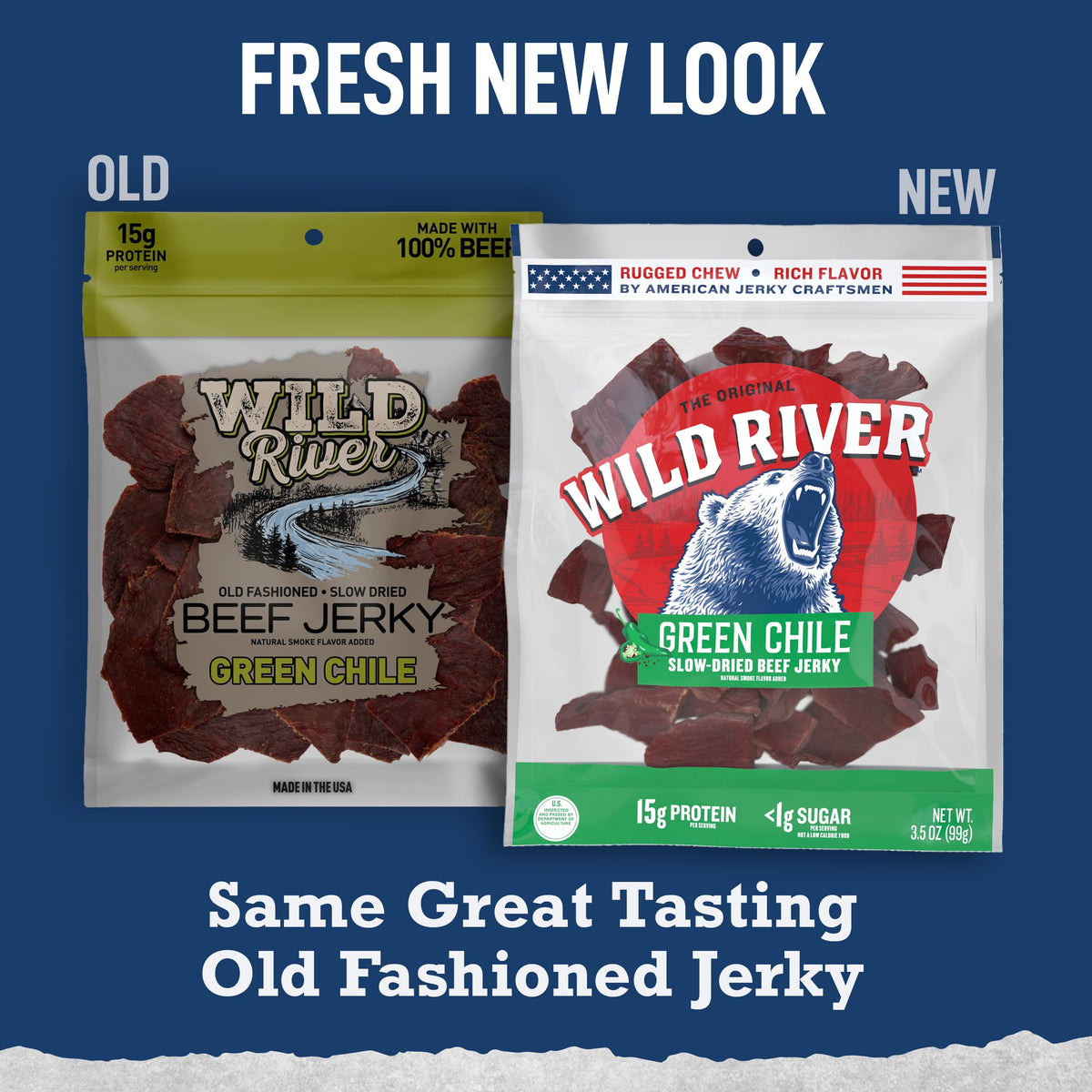 Wild River Beef Jerky Variety Pack – Slow-Dried 3.5 oz Bags (Old-Fashioned, Green Chile, Black Pepper, Original)
