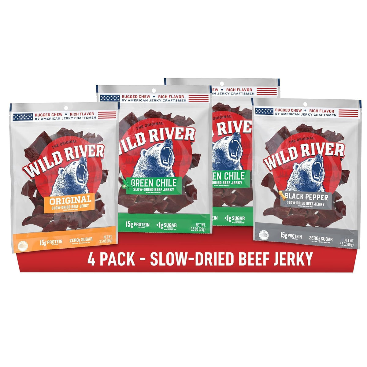Wild River Beef Jerky Variety Pack – Slow-Dried 3.5 oz Bags (Old-Fashioned, Green Chile, Black Pepper, Original)
