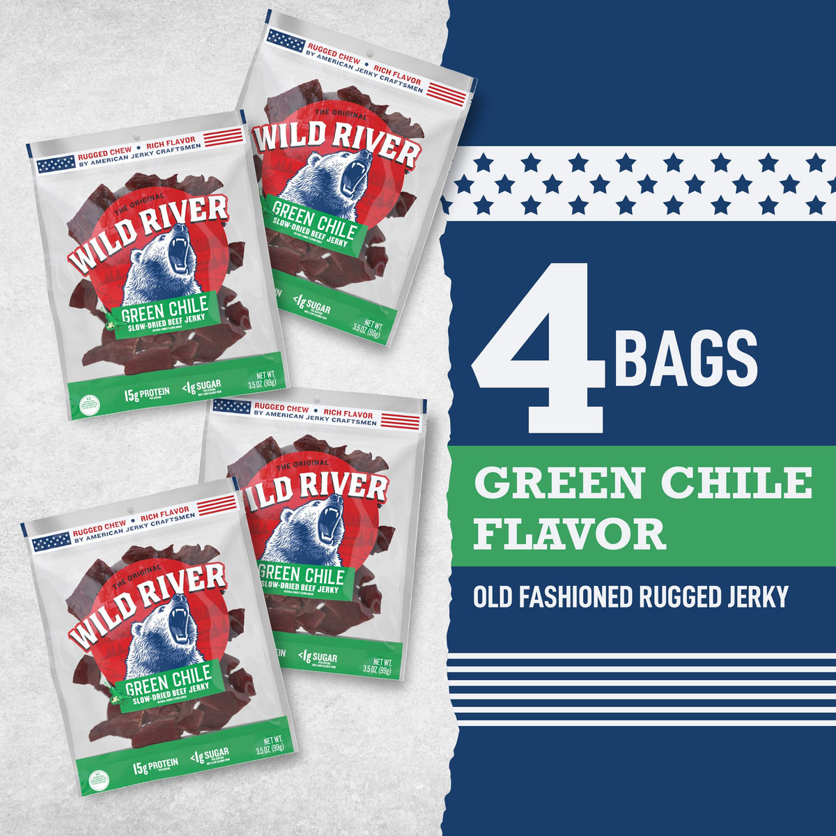 Wild River Green Chile Beef Jerky – Old Fashioned, 15g Protein, Gluten Free (4-Pack)