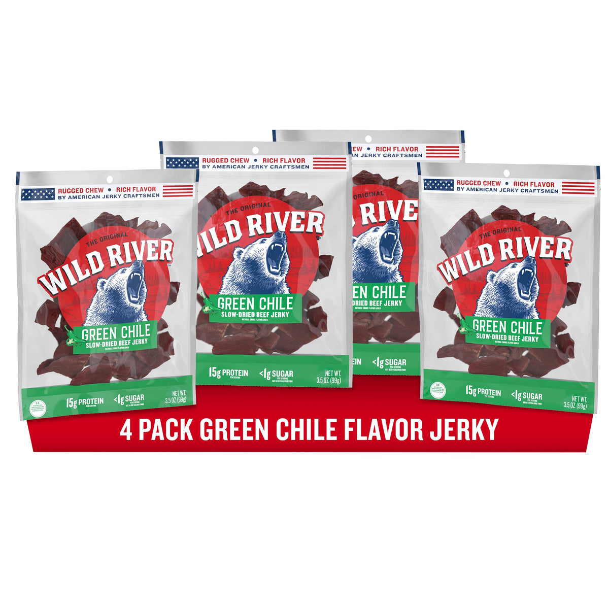 Wild River Green Chile Beef Jerky – Old Fashioned, 15g Protein, Gluten Free (4-Pack)