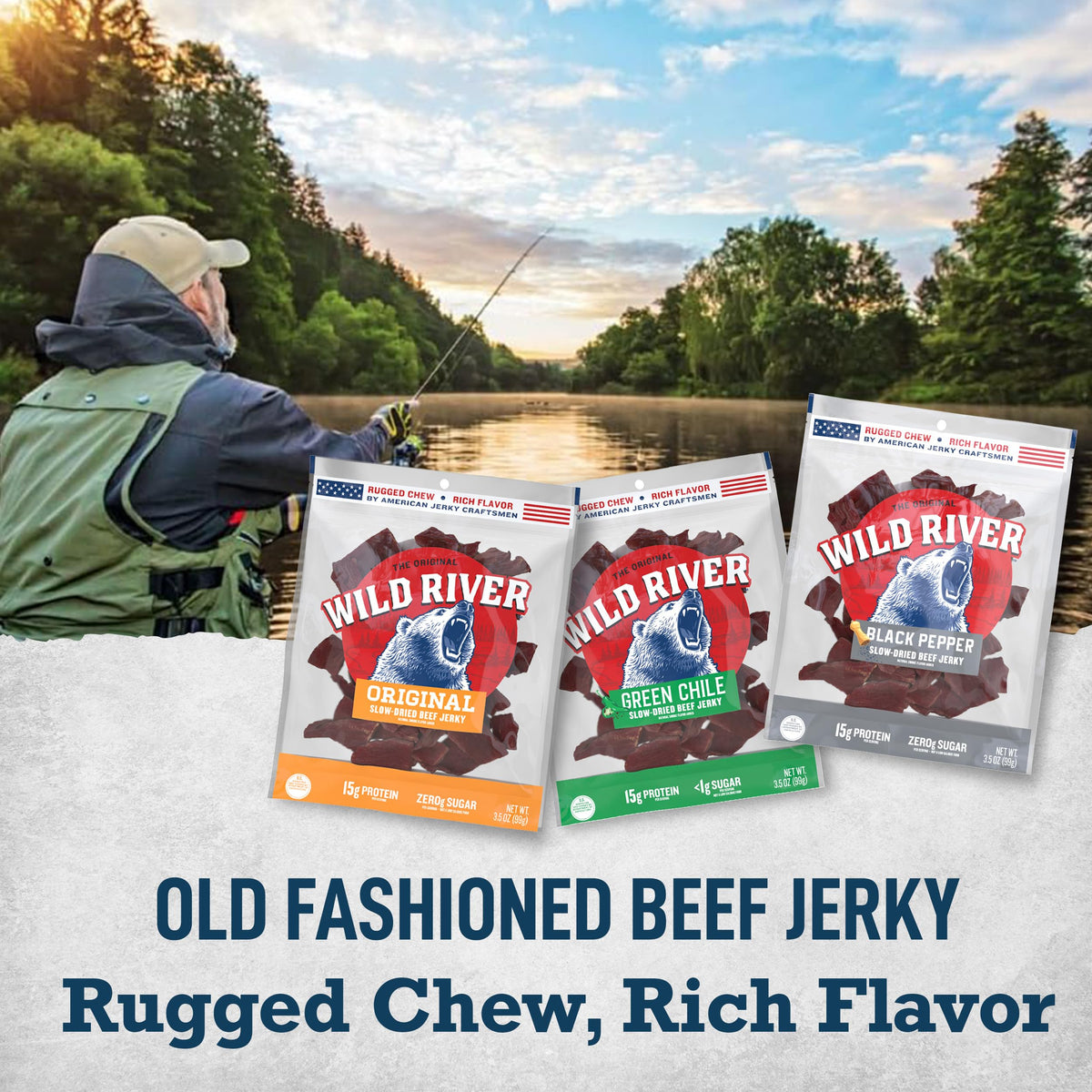 Wild River Beef Jerky Variety Pack – Slow-Dried 3.5 oz Bags (Old-Fashioned, Green Chile, Black Pepper, Original)
