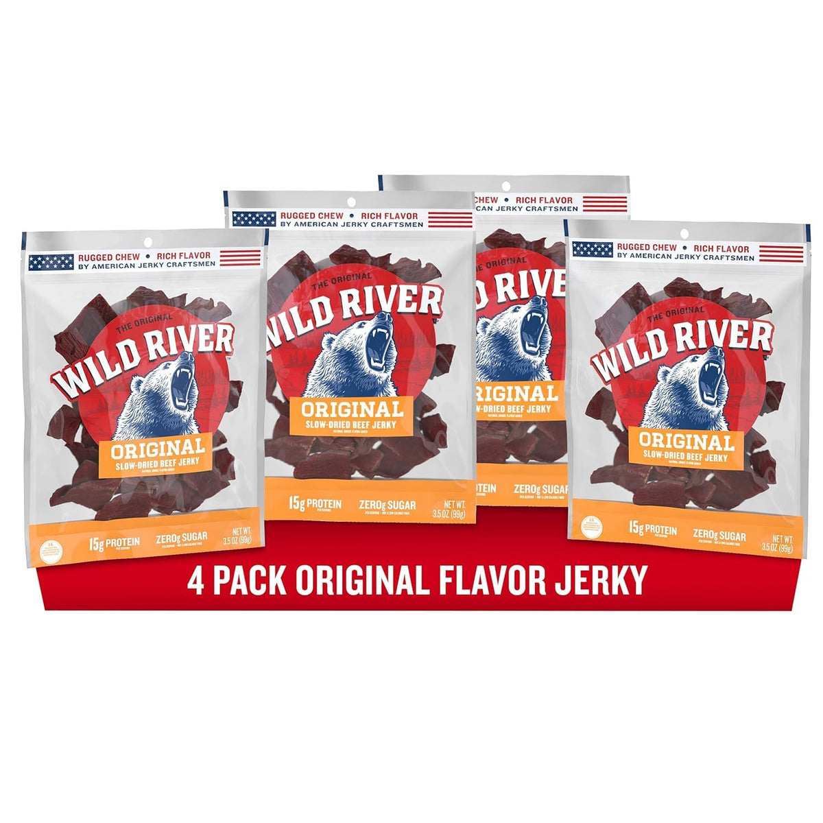 Wild River Original Beef Jerky — Old Fashioned, Gluten Free, 15g Protein per Bag (Pack of 4)