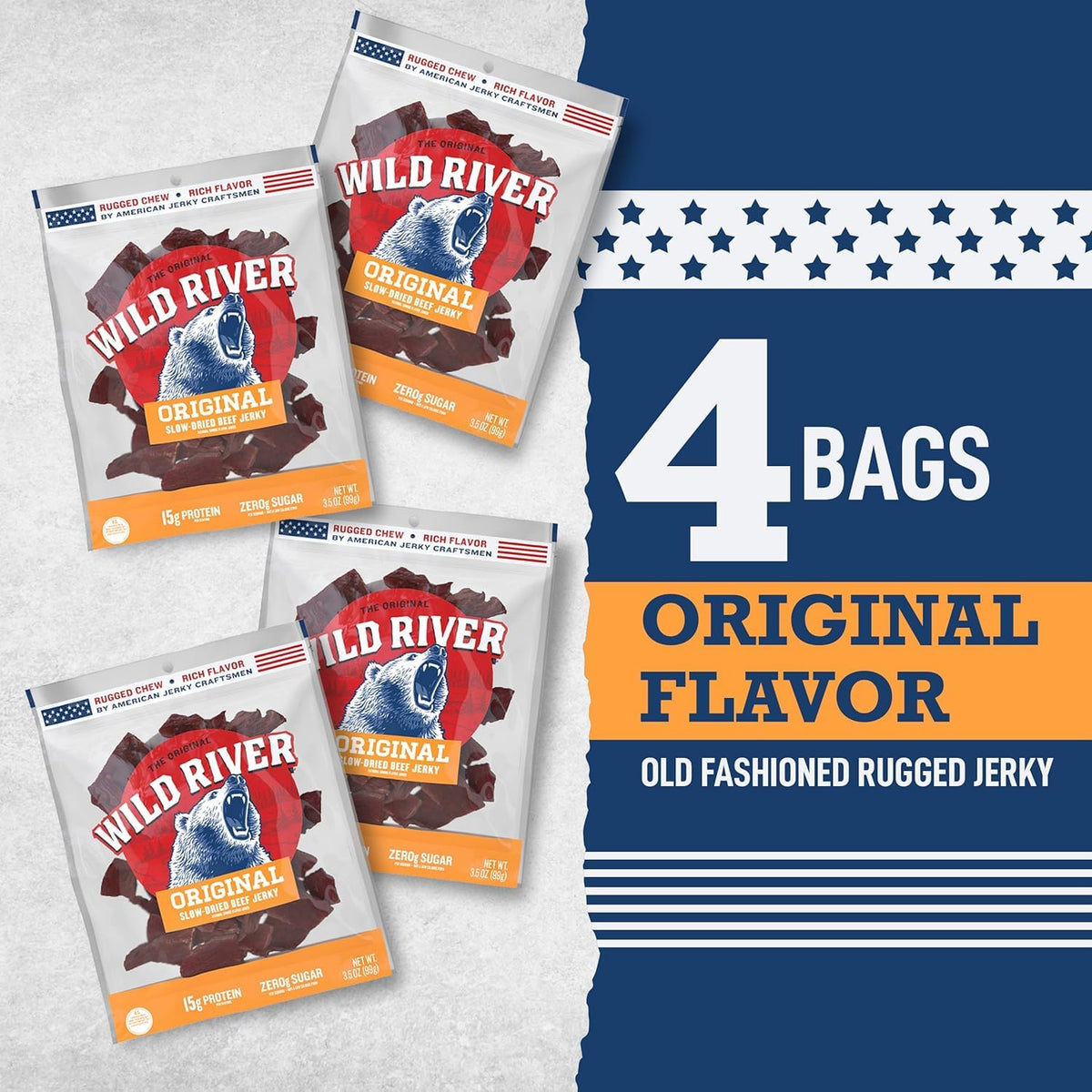 Wild River Original Beef Jerky — Old Fashioned, Gluten Free, 15g Protein per Bag (Pack of 4)