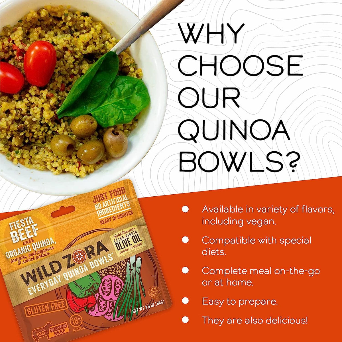 Wild Zora Organic Quinoa Bowls – Quick Gluten-Free Meals (5-Pack) with Lentils + 10g Olive Oil Pack