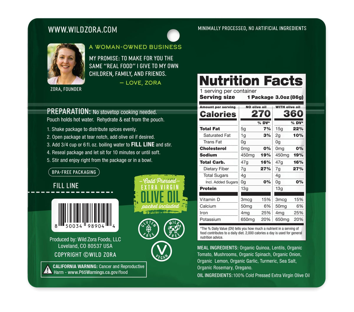 Wild Zora Organic Quinoa Bowls – Quick Gluten-Free Meals (5-Pack) with Lentils + 10g Olive Oil Pack