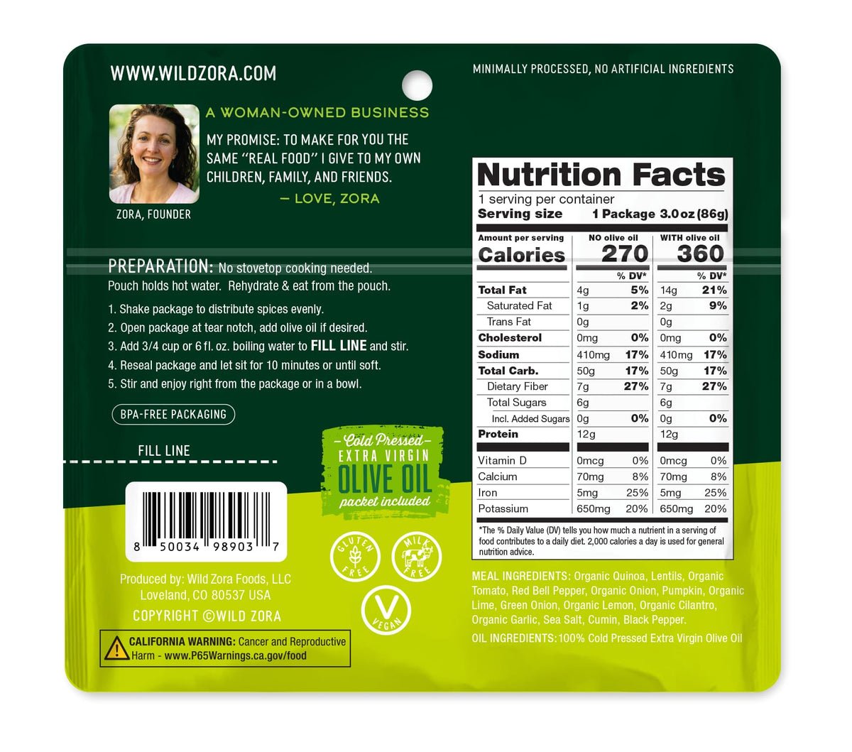 Wild Zora Organic Quinoa Bowls – Quick Gluten-Free Meals (5-Pack) with Lentils + 10g Olive Oil Pack
