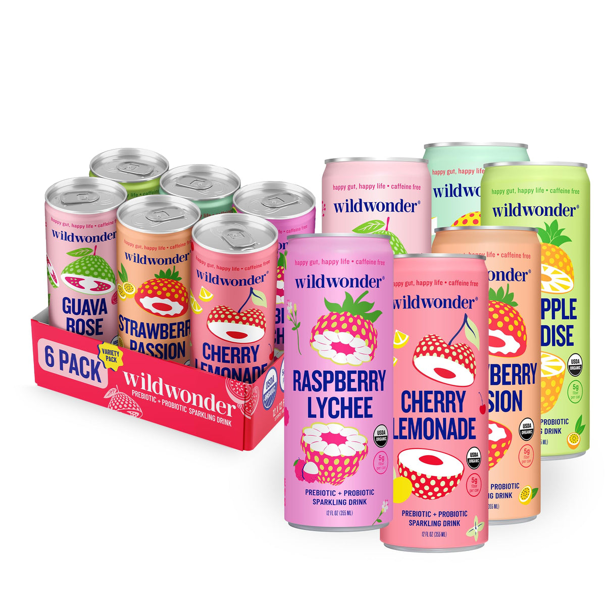 Wildwonder Sparkling Probiotic Drink 6pk – Gut Health & Immune Support, Organic & Vegan