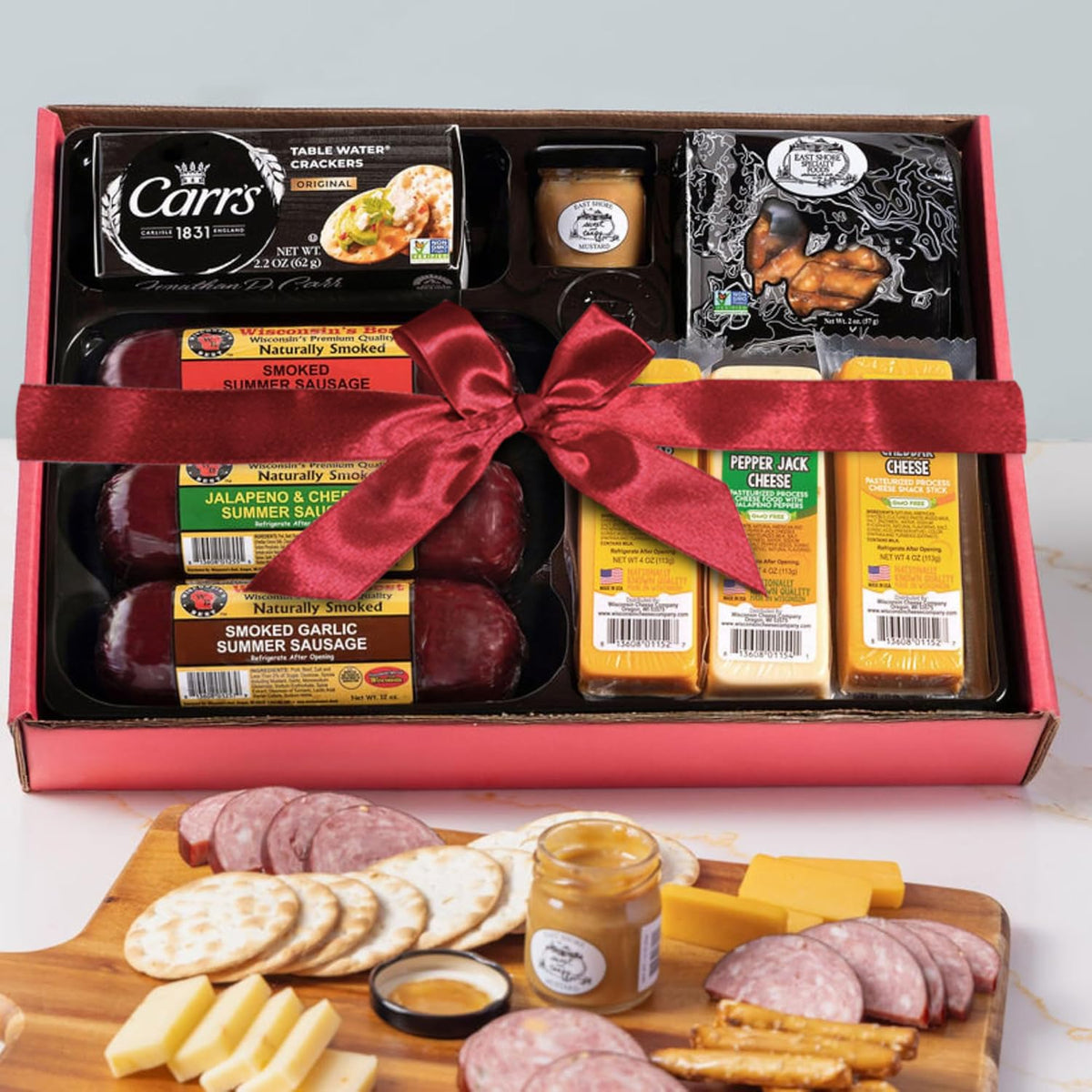 Wisconsin Cheese Company - Ultimate Cheese & Meat Gift Box | Smoked Summer Sausages, Wisconsin Cheese, Crackers & Mustard