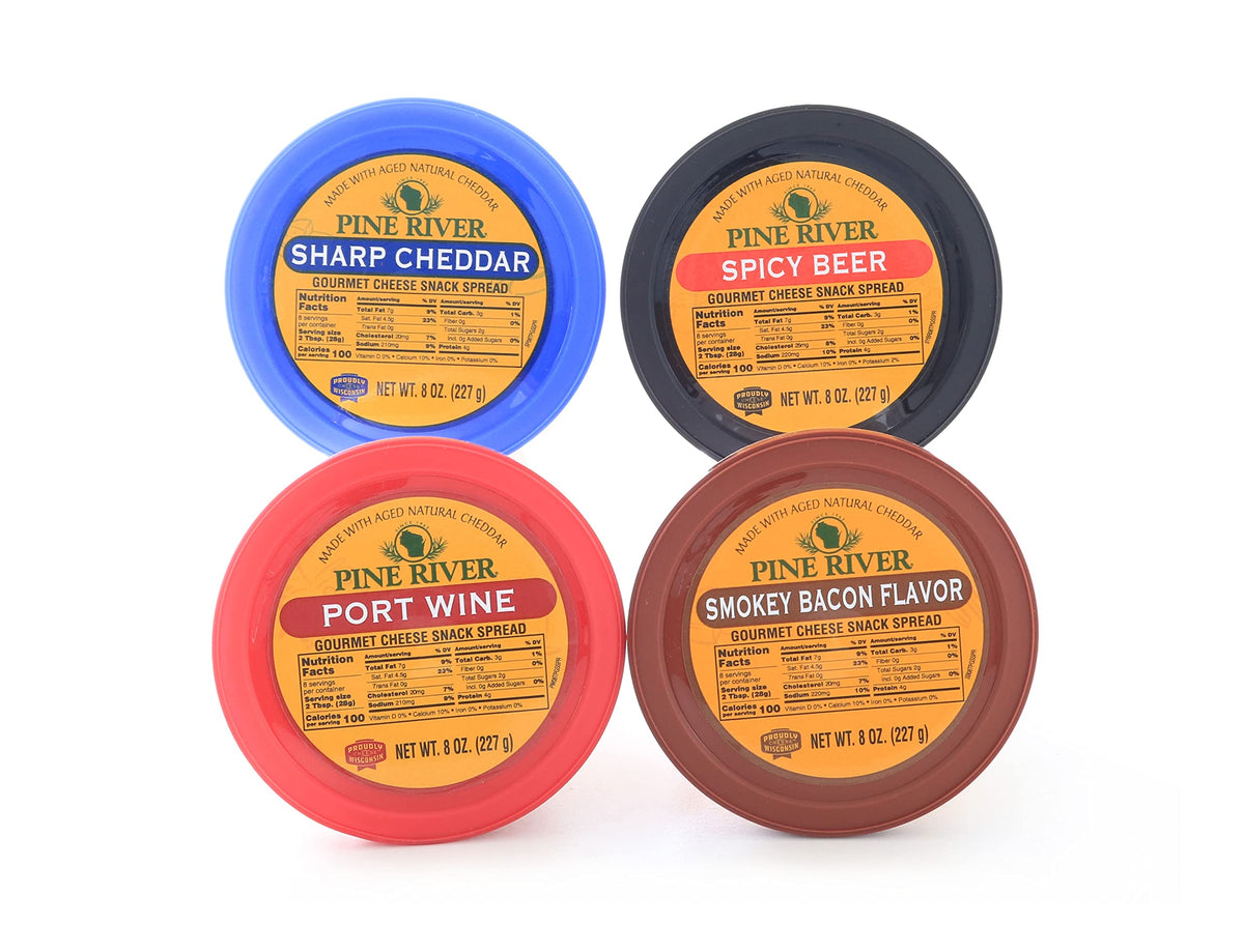 Pine River Cheese Spreads Variety 4-Pack – Sharp Cheddar, Spicy Beer, Smokey Bacon, Port Wine (4 x 8 oz) | Shelf-Stable Pub Cheese