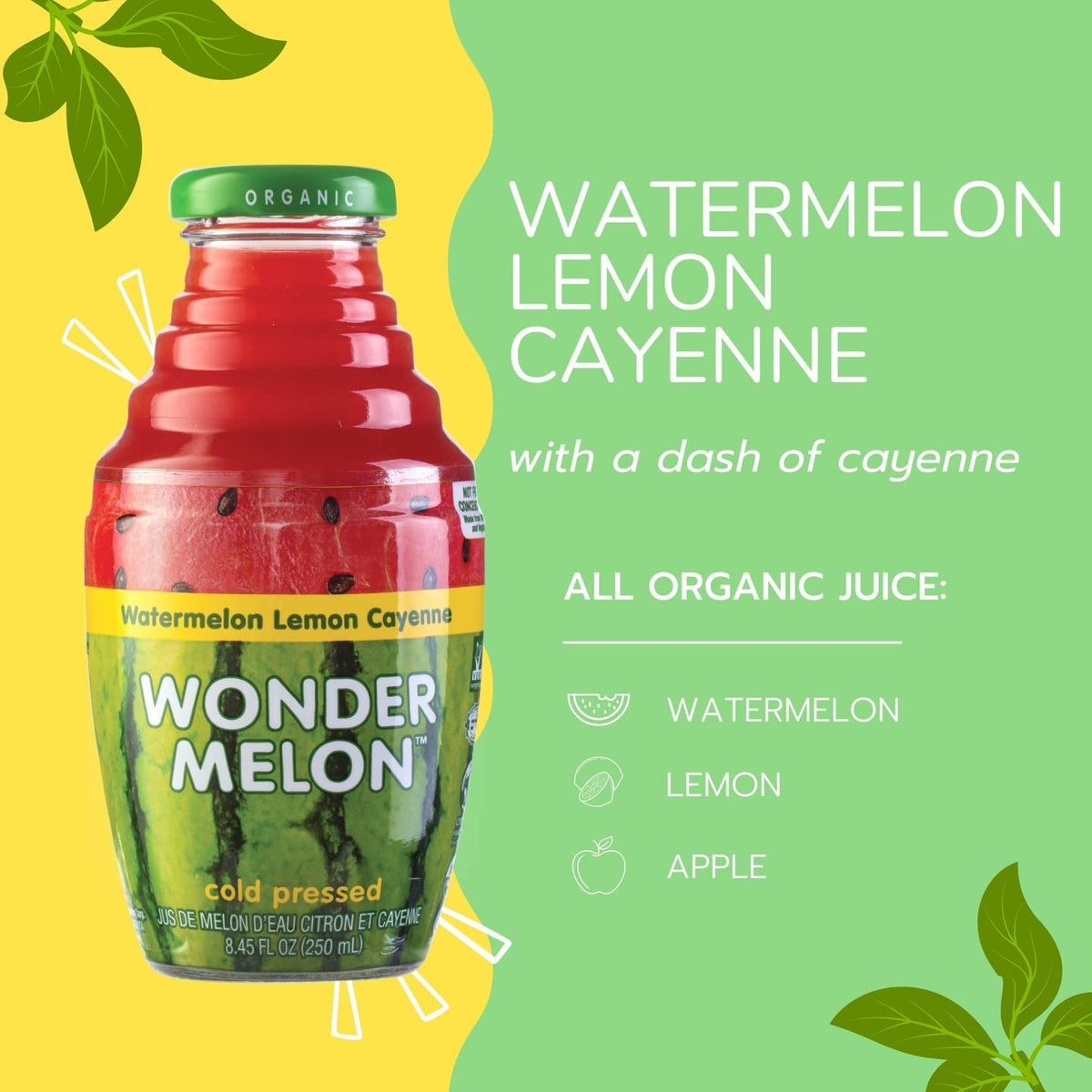 Wonder Melon Organic Watermelon Juice with Lemon & Cayenne – Cold Pressed 100% Juice (8.45oz, 6 Pack)