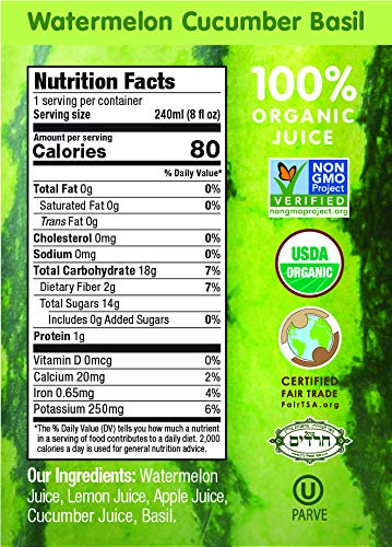 Wonder Melon Organic Watermelon Juice with Cucumber & Basil – Cold Pressed, 6 Pack
