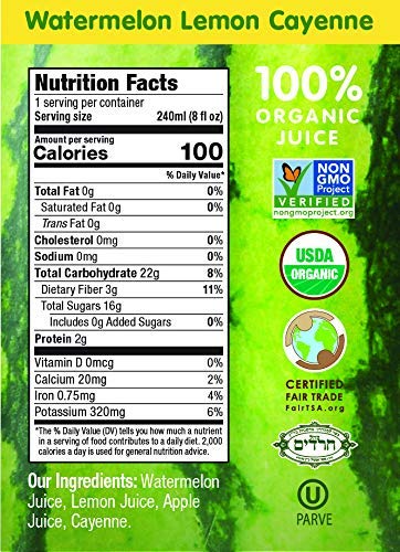 Wonder Melon Organic Watermelon Juice with Lemon & Cayenne – Cold Pressed 100% Juice (8.45oz, 6 Pack)