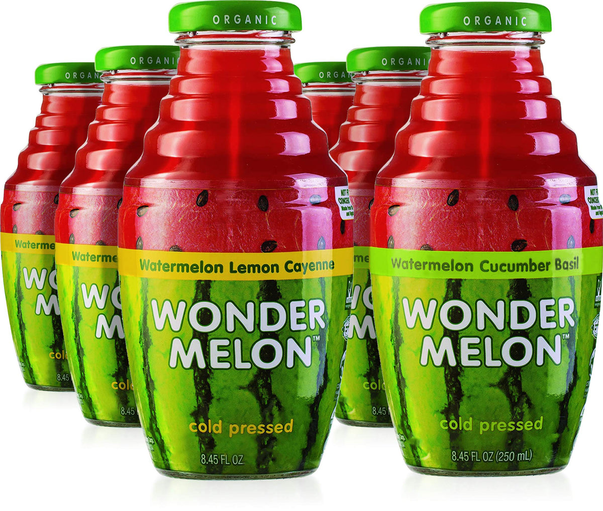 Wonder Melon Organic Watermelon Juice Variety Pack – Cold Pressed (6 Bottles): Basil Cucumber & Lemon Cayenne