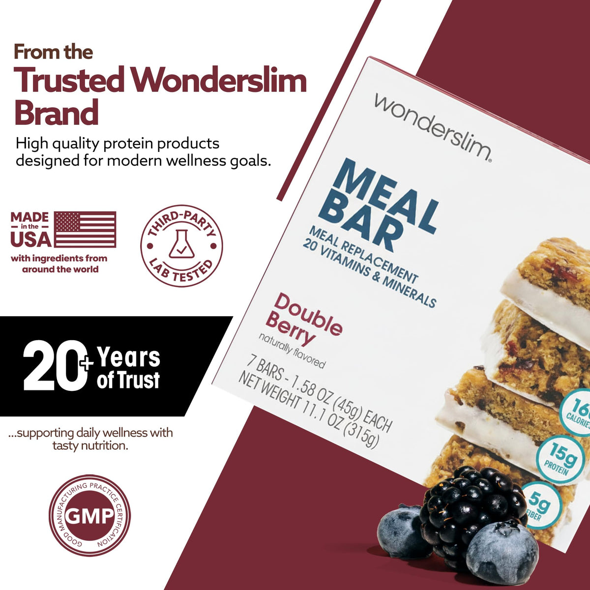 WonderSlim Double Berry Meal Replacement Bar – 15g Protein, Gluten Free, 7 Count