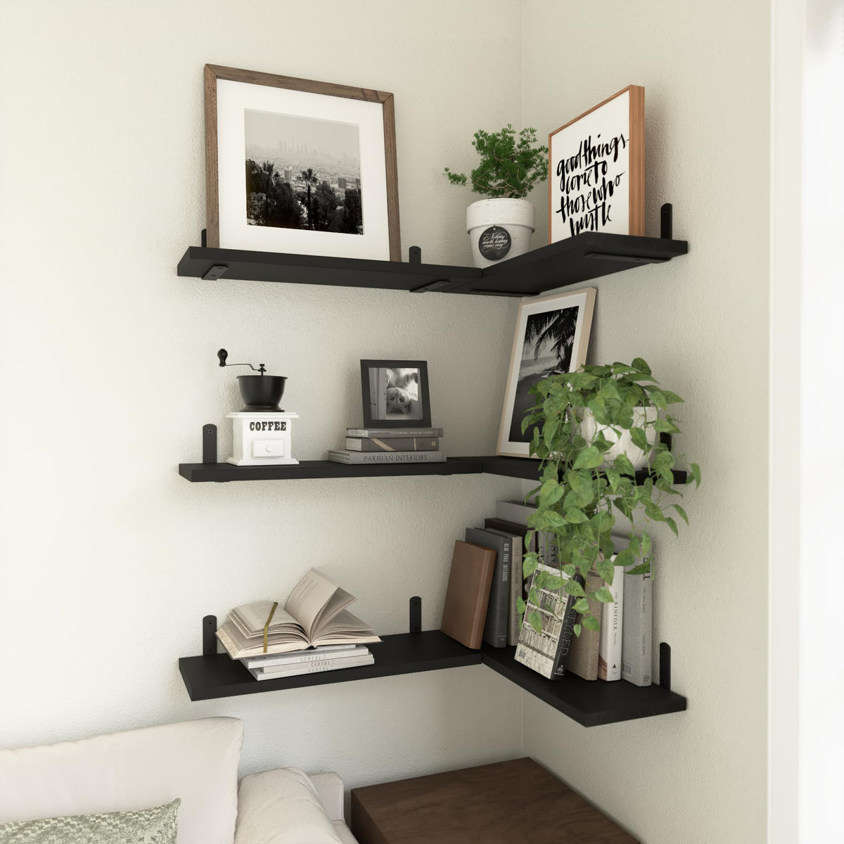 WOPITUES Floating Shelves Set of 6 for Wall Decor & Storage, Black