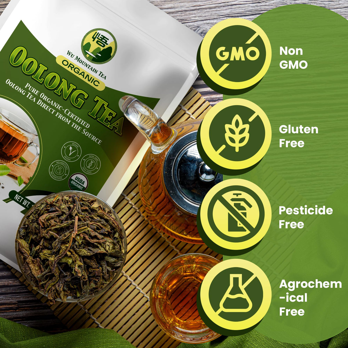 Wu Mountain Tea Organic Oolong Tea – 1 lb Loose Leaf, Premium Whole-Leaf Chinese Oolong, Smooth Aroma, Low Astringency, Naturally Energizing