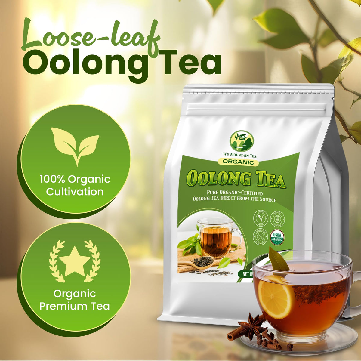 Wu Mountain Tea Organic Oolong Tea – 1 lb Loose Leaf, Premium Whole-Leaf Chinese Oolong, Smooth Aroma, Low Astringency, Naturally Energizing