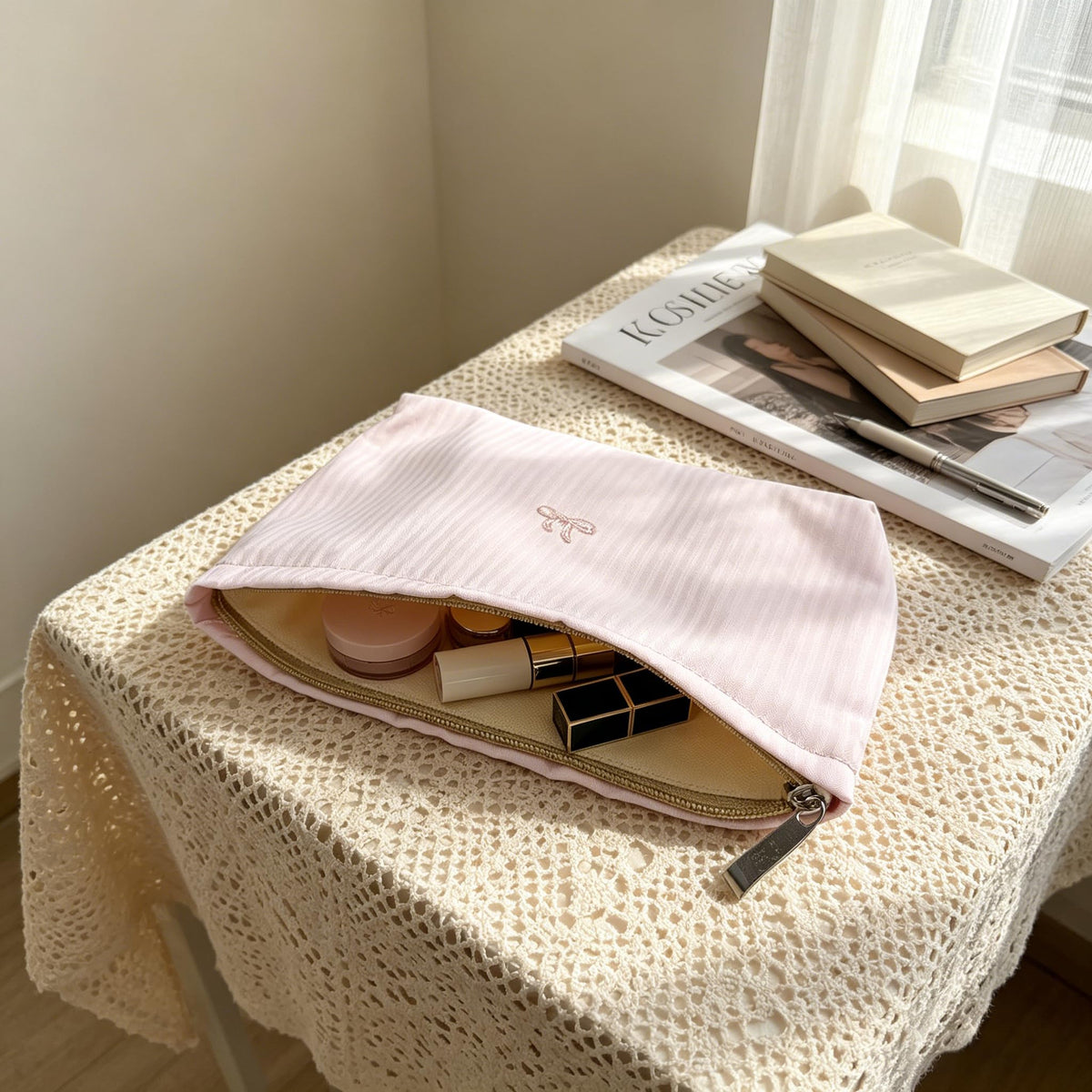 Wudygirl 2 Pcs Travel Makeup Bag Pink Striped Bow