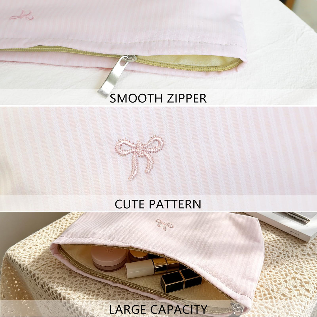 Wudygirl 2 Pcs Travel Makeup Bag Pink Striped Bow