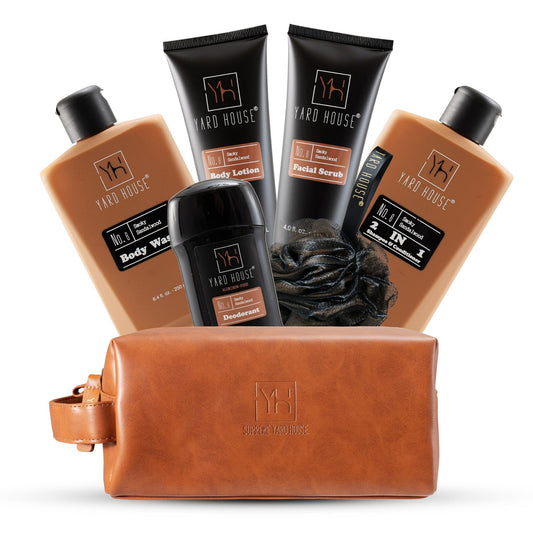 YARD HOUSE Luxury Mens Bath and Body Gift Set Basket For Him - Smoky Sandalwood - All Natural Skin Care Kit For Men w. Full Size Body Wash, Facial Scrub, Body Lotion, Deodorant in Leather Toiletry Bag