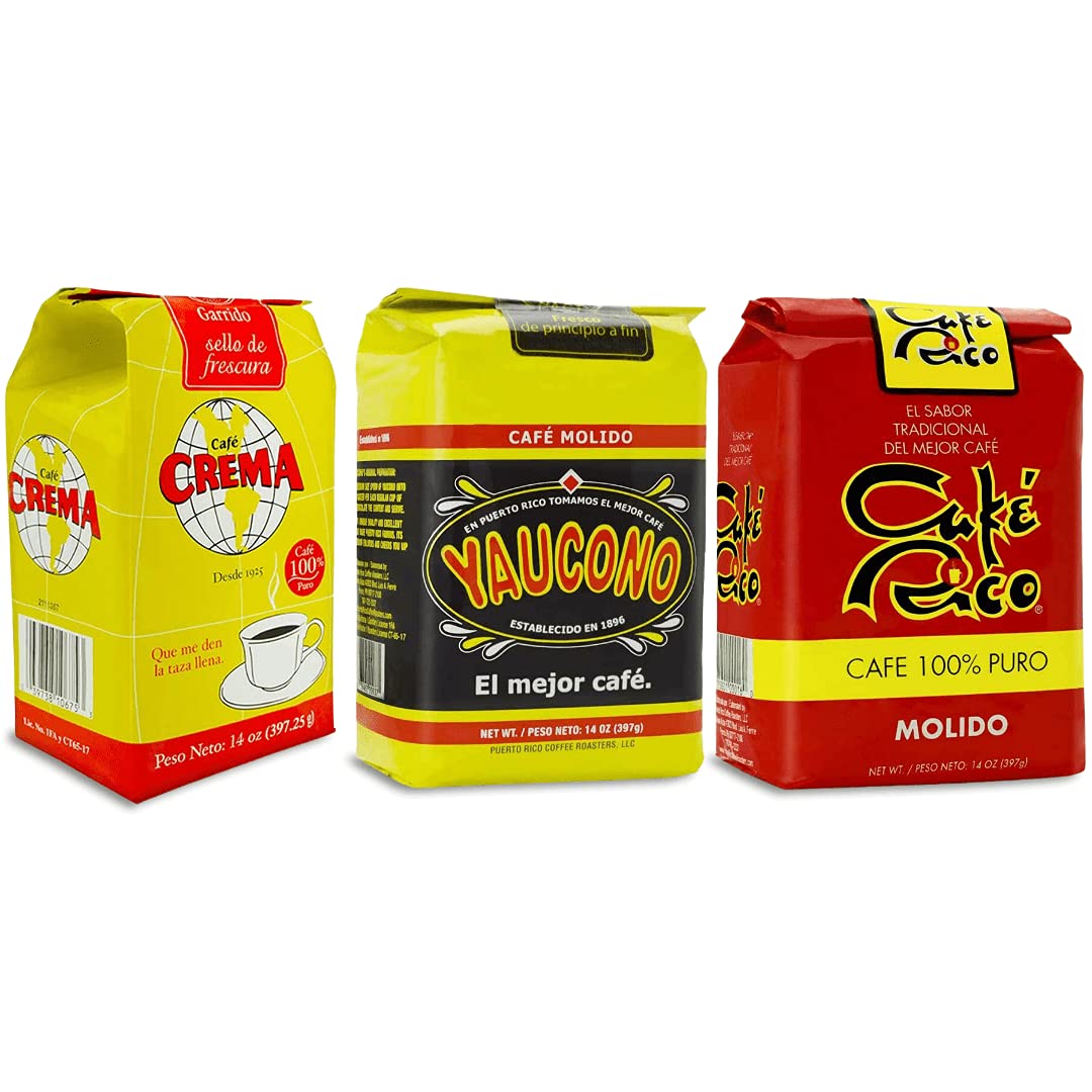Yaucono Ground Coffee Trio: Cafe Crema, Cafe Rico & Yaucono (Puerto Rico), 14 oz – Pack of 3