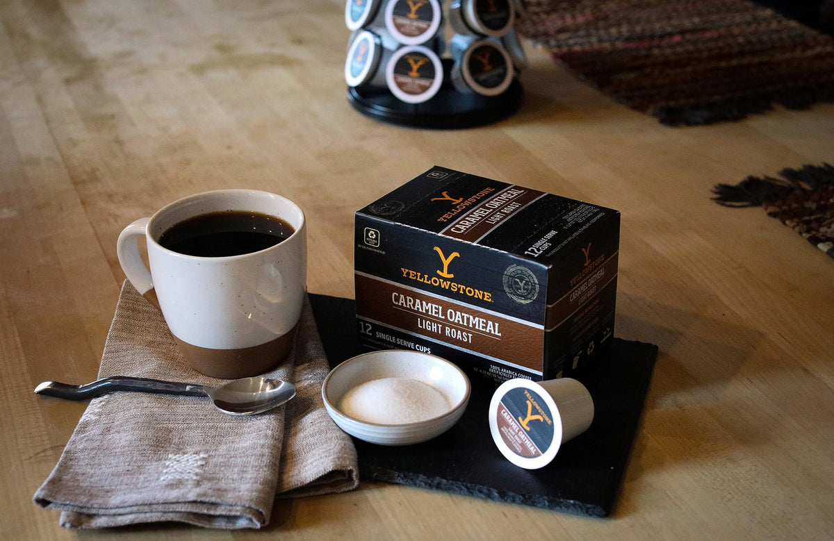 Yellowstone Caramel Oatmeal Light Roast Coffee Pods – 100% Arabica, Recyclable, 36 Count