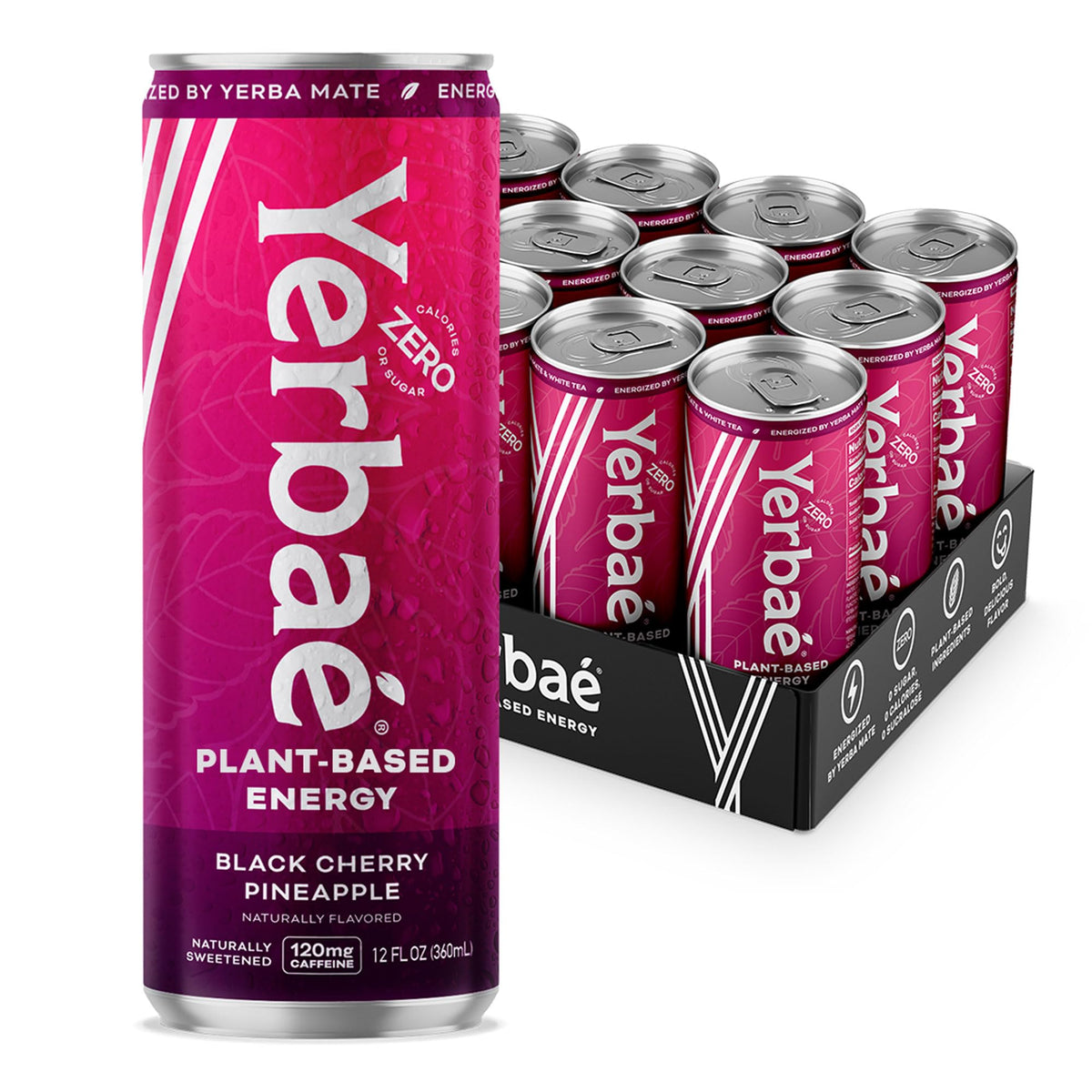 Yerbaé Black Cherry Pineapple Energy Beverage – 120 mg Caffeine, Zero Sugar, 12 oz Cans (12-Pack)