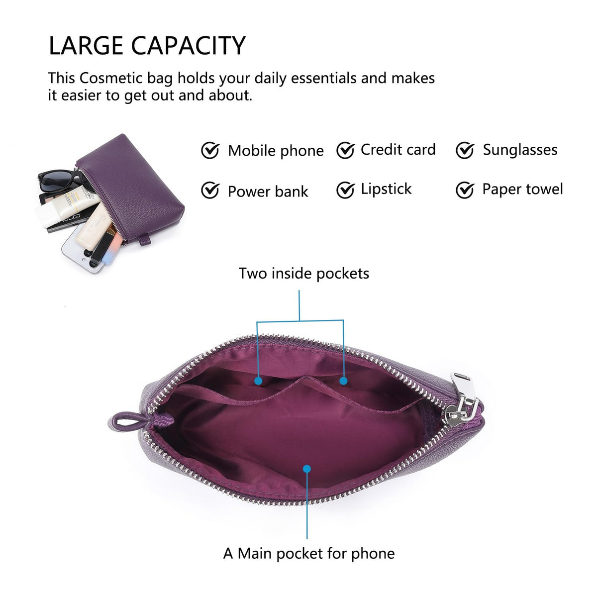 YONBEN Small Makeup Bag for Purse, Leather Cosmetic (Anemone Purple)