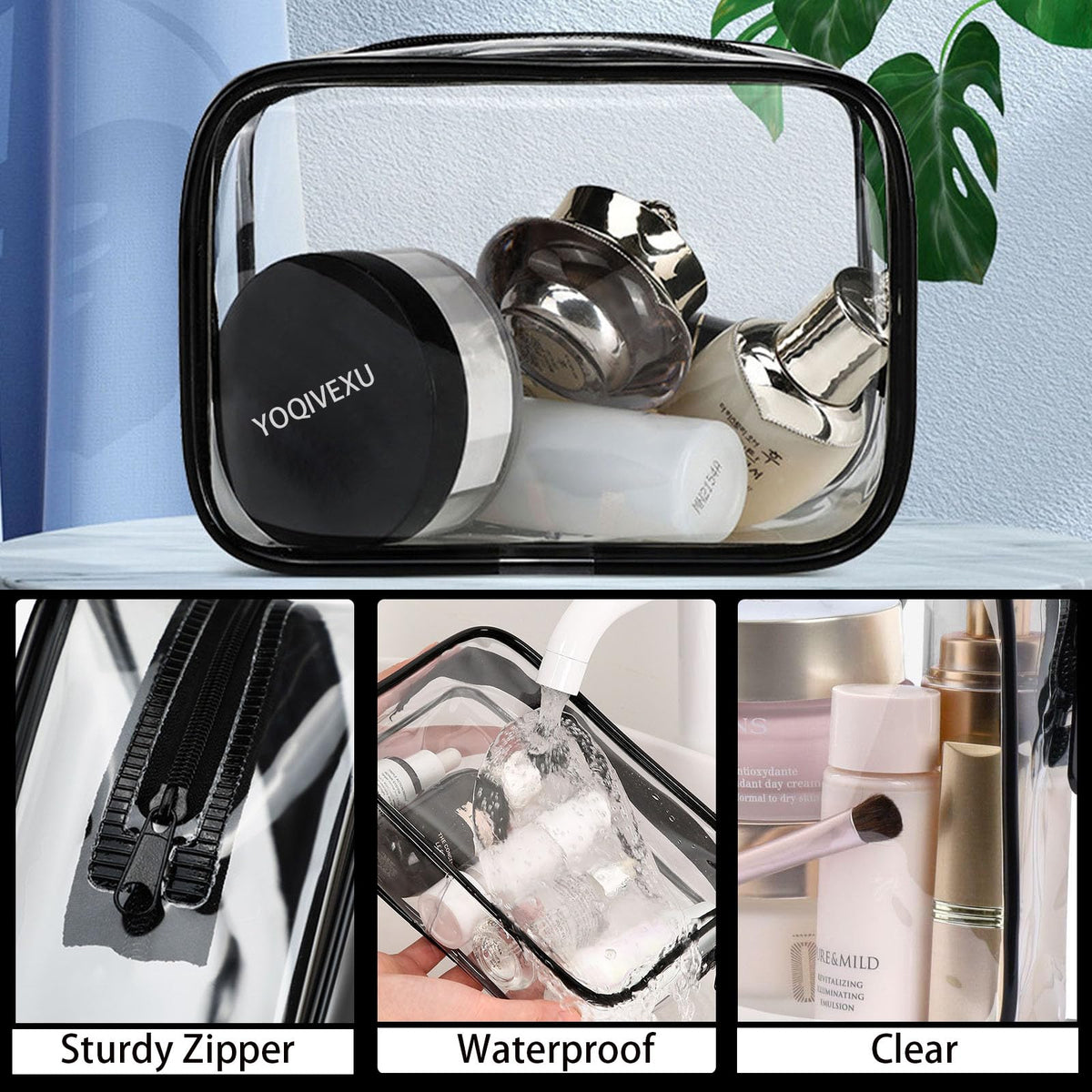 YOQIVEXU 6 Pieces Clear Cosmetics Bag Bulk, TSA Approved Toiletry Bag for Travel, Zippered Clear Pouch Cosmetic Makeup Bag Waterproof Vinyl Plastic Organizer Case for Vacation Bathroom (Large)