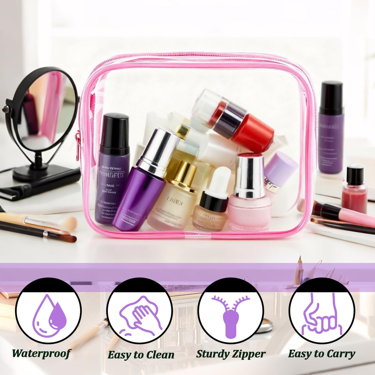 YOQIVEXU 6 Pieces Clear Makeup Bags Bulk, TSA Approved Toiletry Bag Clear Cosmetic Toiletries Pouch with Zipper, Waterproof Vinyl Plastic Organizer Case for for Women Carry-on Travel Essentials