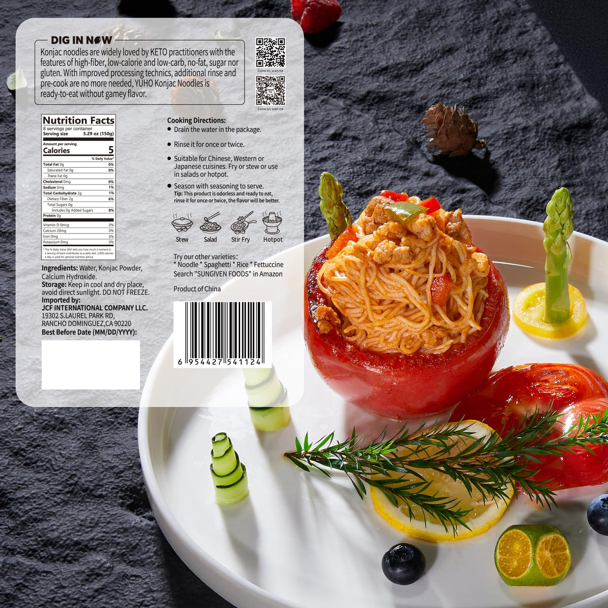 YUHO Shirataki Konjac Noodles Angel Hair Pasta - Keto, Gluten Free, Low Carb, 8-Pack (53.61 oz)
