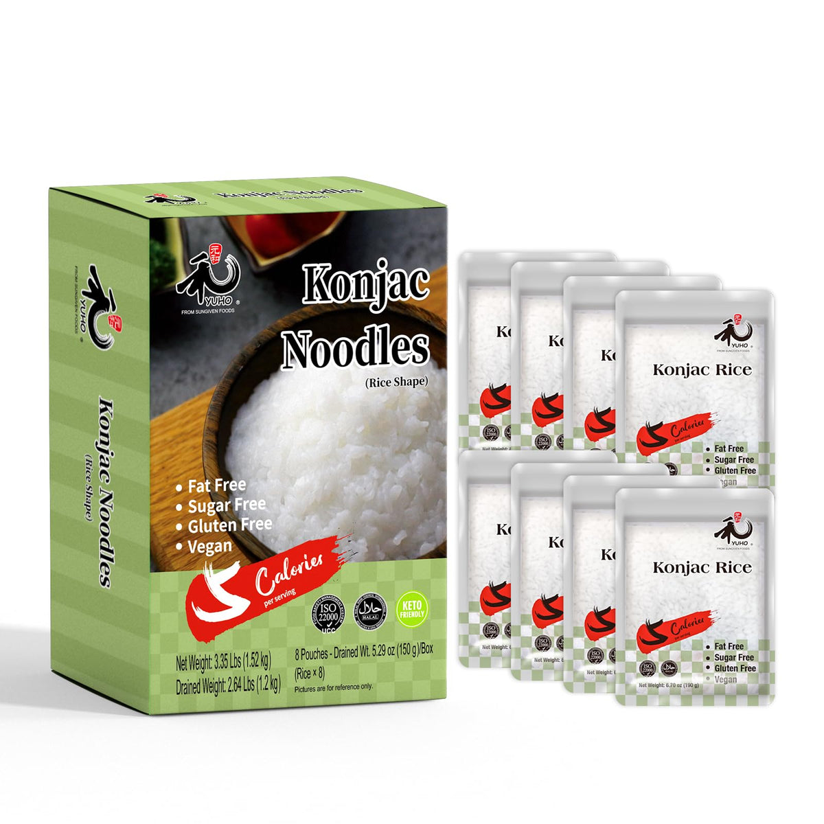 YUHO Shirataki Konjac Keto Rice - Plant-Based Gluten Free Low Carb Noodles & Rice (8 Pack, 53.61 oz)